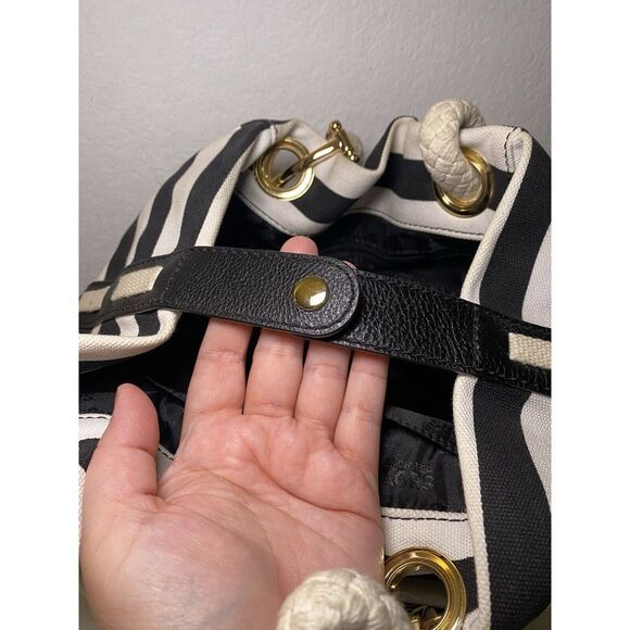 Michael Kors Marina Black White Striped Canvas Anchor Tote Shoulder Bag - Picture 12 of 16